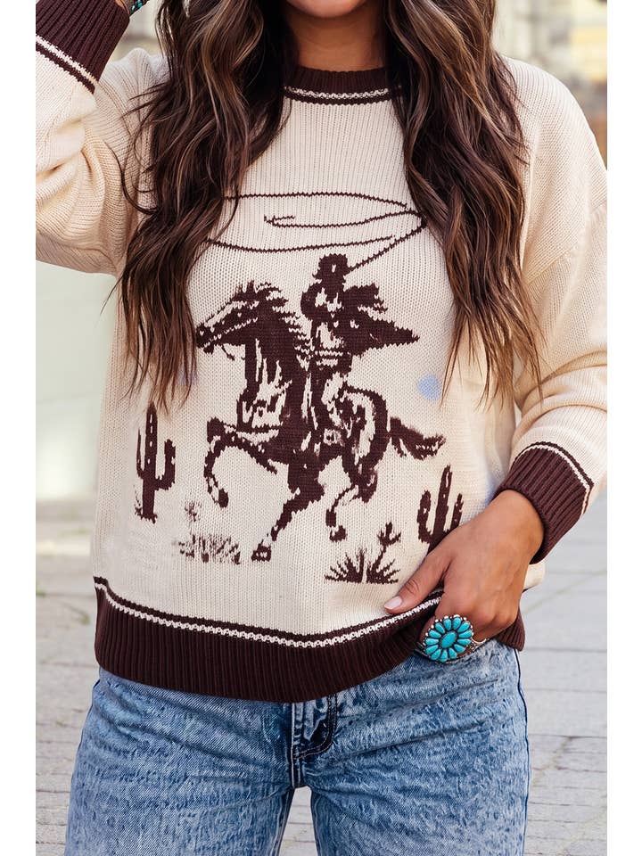 Oatmeal western cowboy horse and cactus jacquard knit sweater