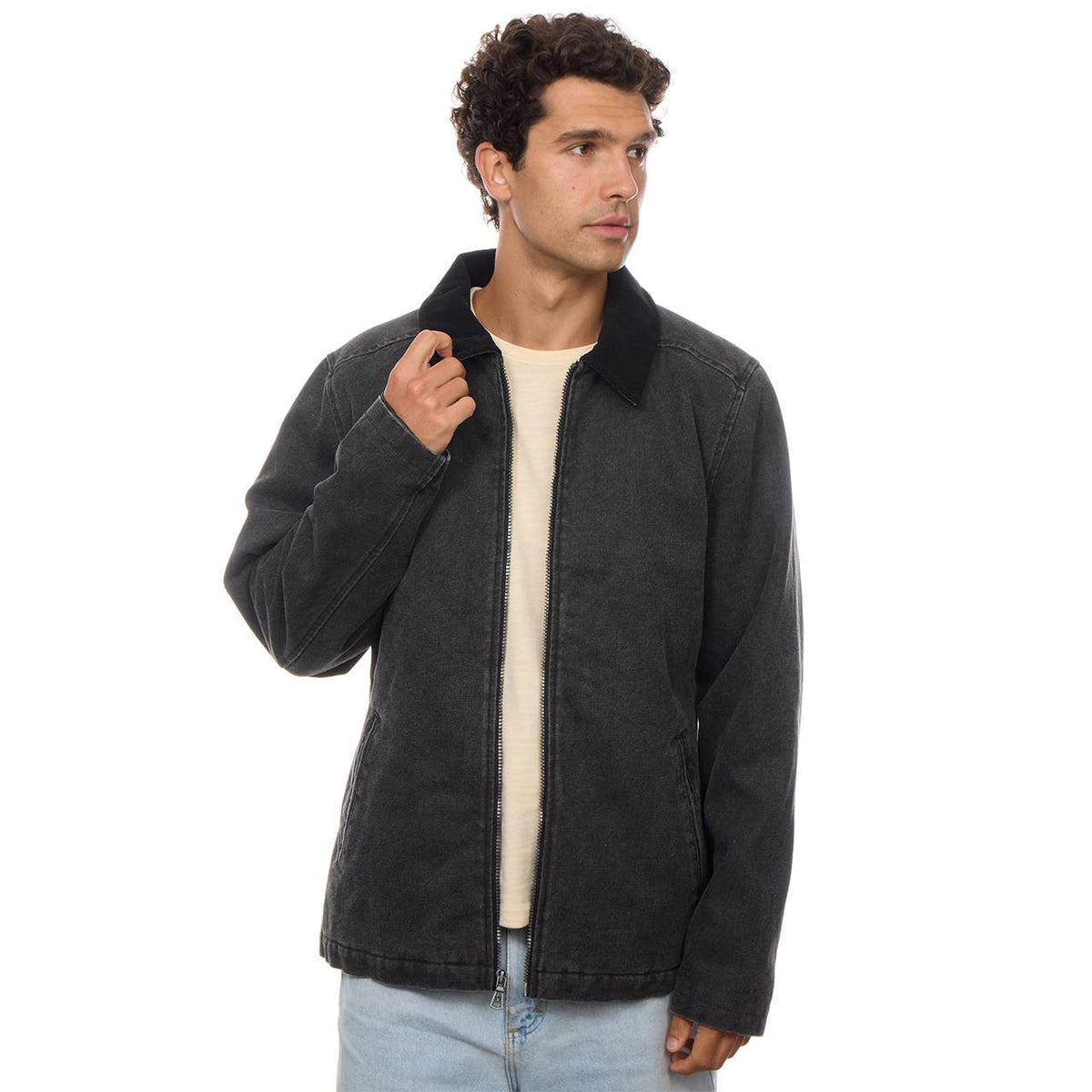 PX washed black twill jacket with corduroy collar and sherpa lining – view 3