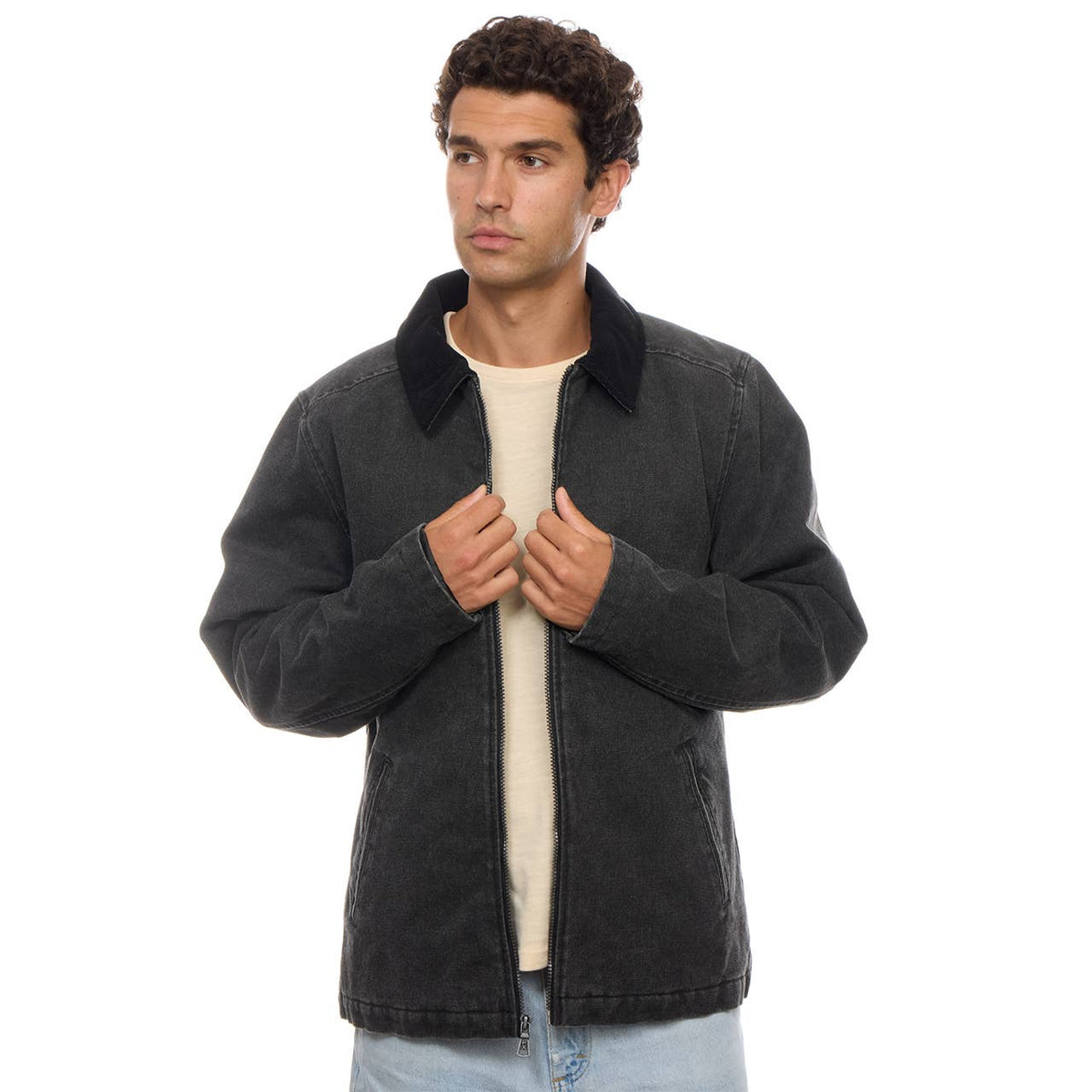 PX washed black twill jacket with corduroy collar and sherpa lining – view 2