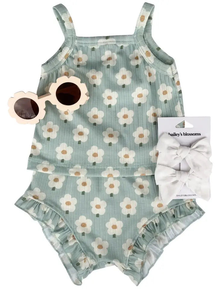Luna Top & Bloomer Set - Green Daisy