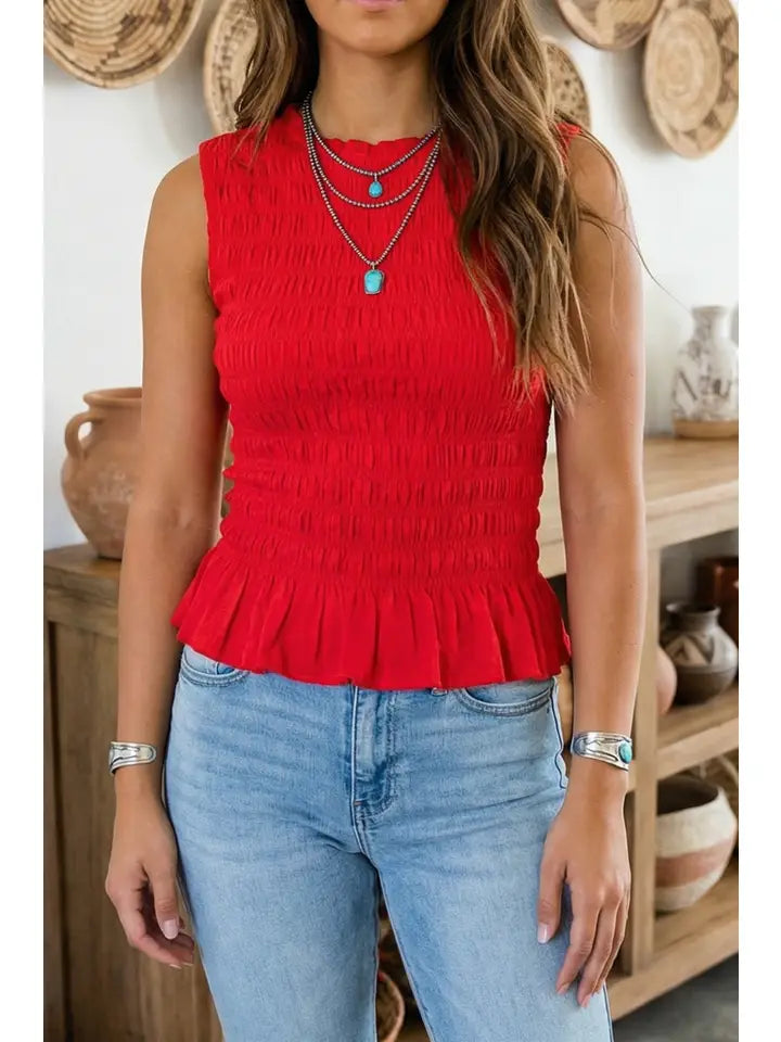 Solid Round Neck Shirred Sleeveless Tank Top