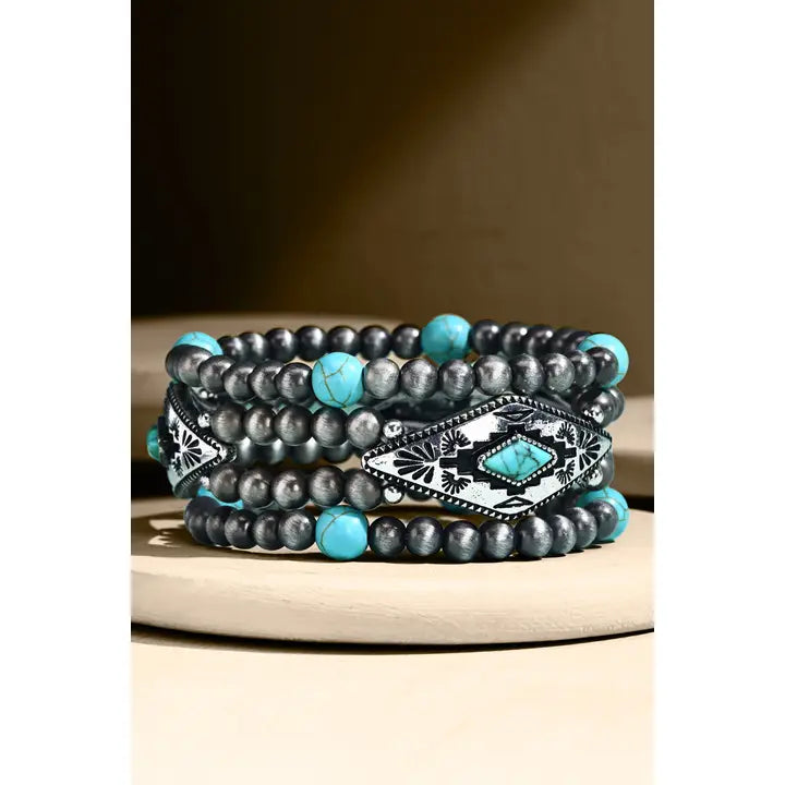Turquoise Semi-Stone Western Beaded Stretch Bracelet