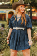 Dark Wash Puff Elbow Sleeve Elastic Neckline Dress