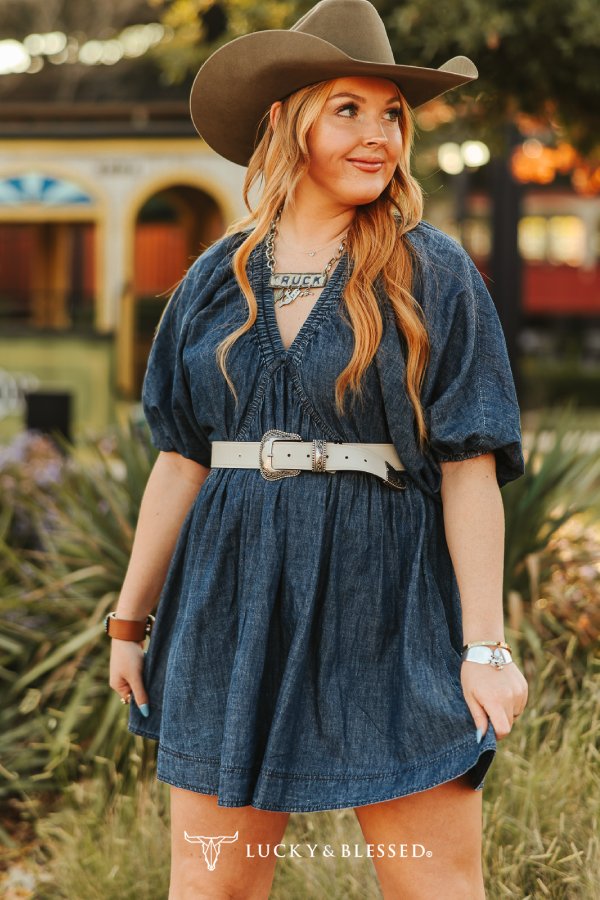 Dark Wash Puff Elbow Sleeve Elastic Neckline Dress