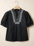 Embroidered V-Neck Short Puff Sleeve Blouse