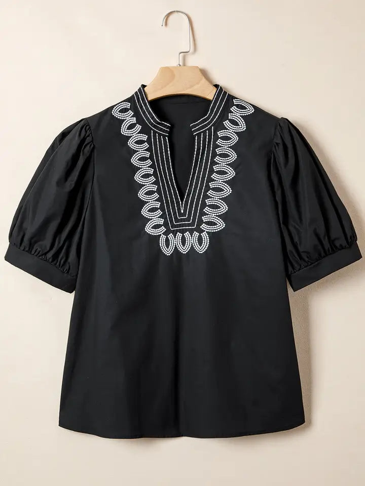 Embroidered V-Neck Short Puff Sleeve Blouse
