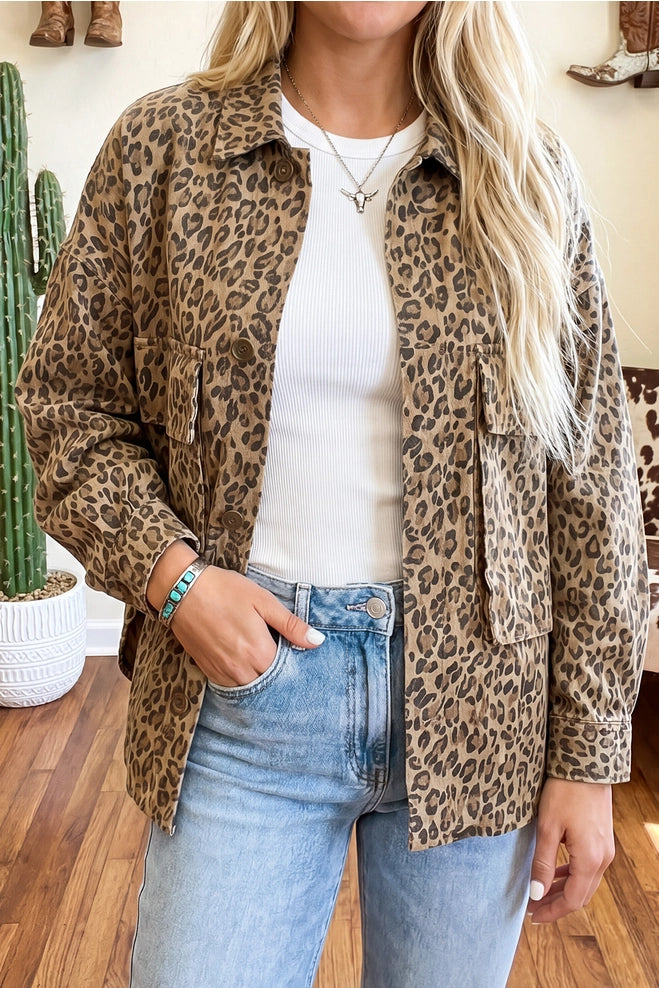 Women’s Leopard Collar Khaki Denim Shacket