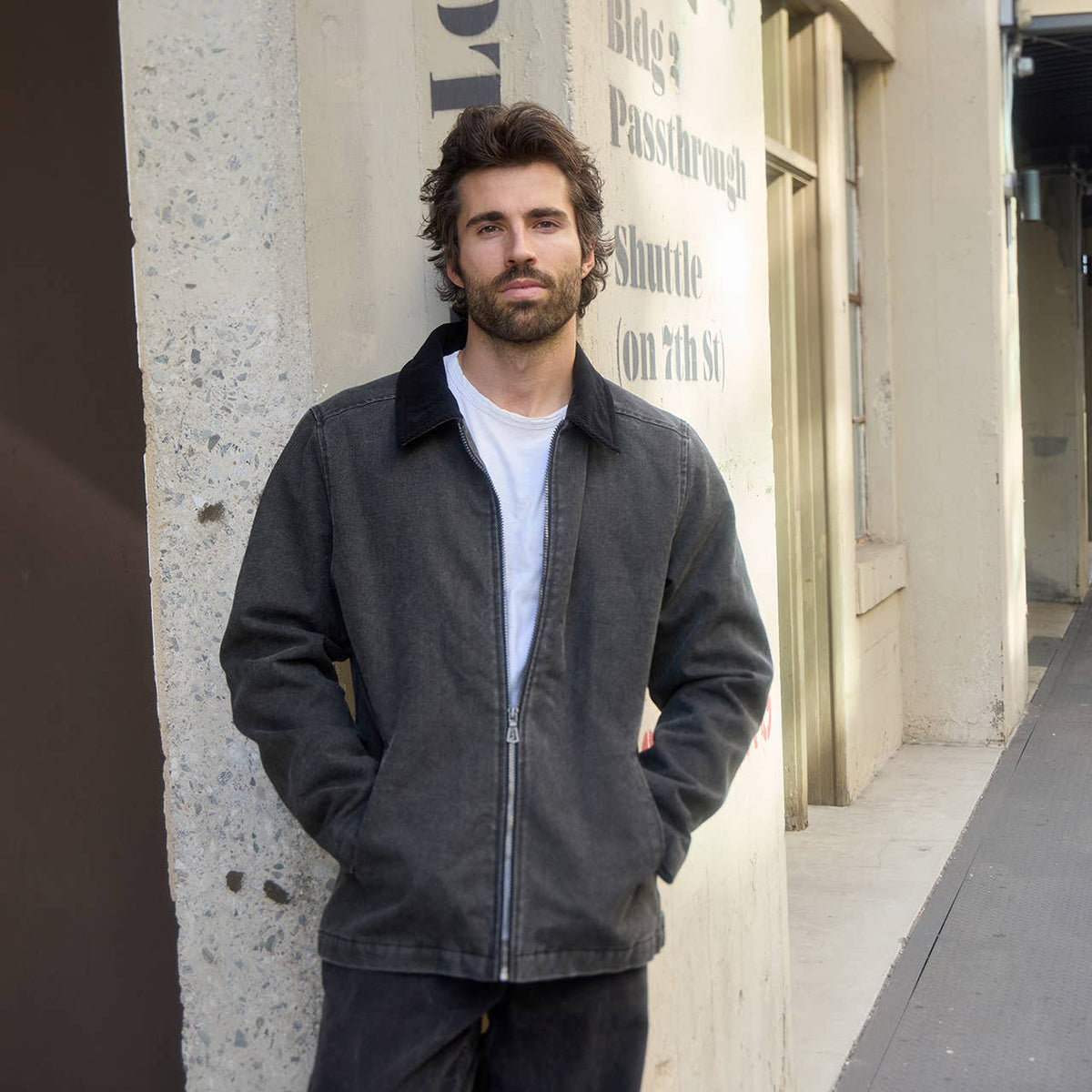 PX washed black twill jacket with corduroy collar and sherpa lining