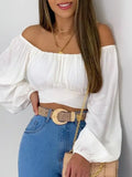 White Crop Top Balloon Sleeve Straight-Neck Shirt