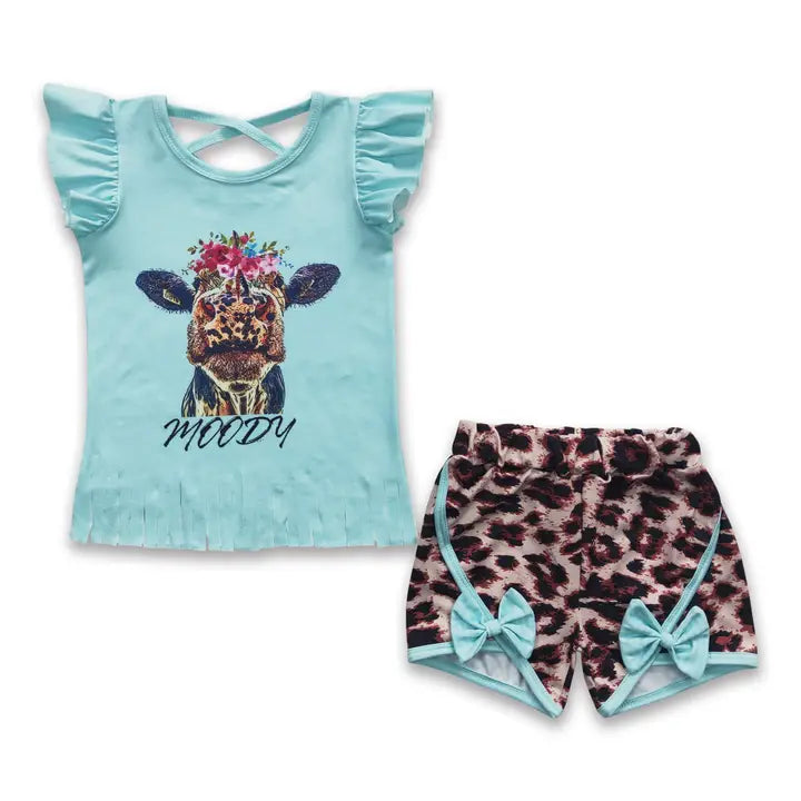 Moody Tassels Shirt Leopard Shorts Girls Summer Clothes