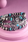 Turquoise Cross & Silver-Tone Beaded Stretch Bracelet