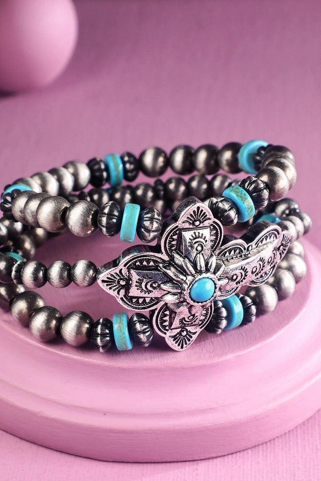 Turquoise Cross & Silver-Tone Beaded Stretch Bracelet