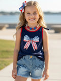 Navy Blue Patriotic Bow Printed Tank Top and Denim Distressed Shorts.