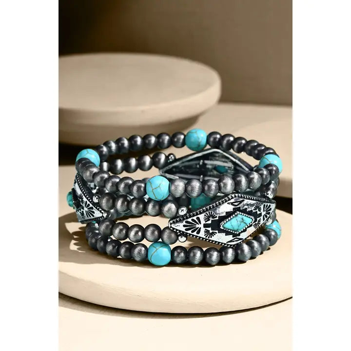 Turquoise Semi-Stone Western Beaded Stretch Bracelet