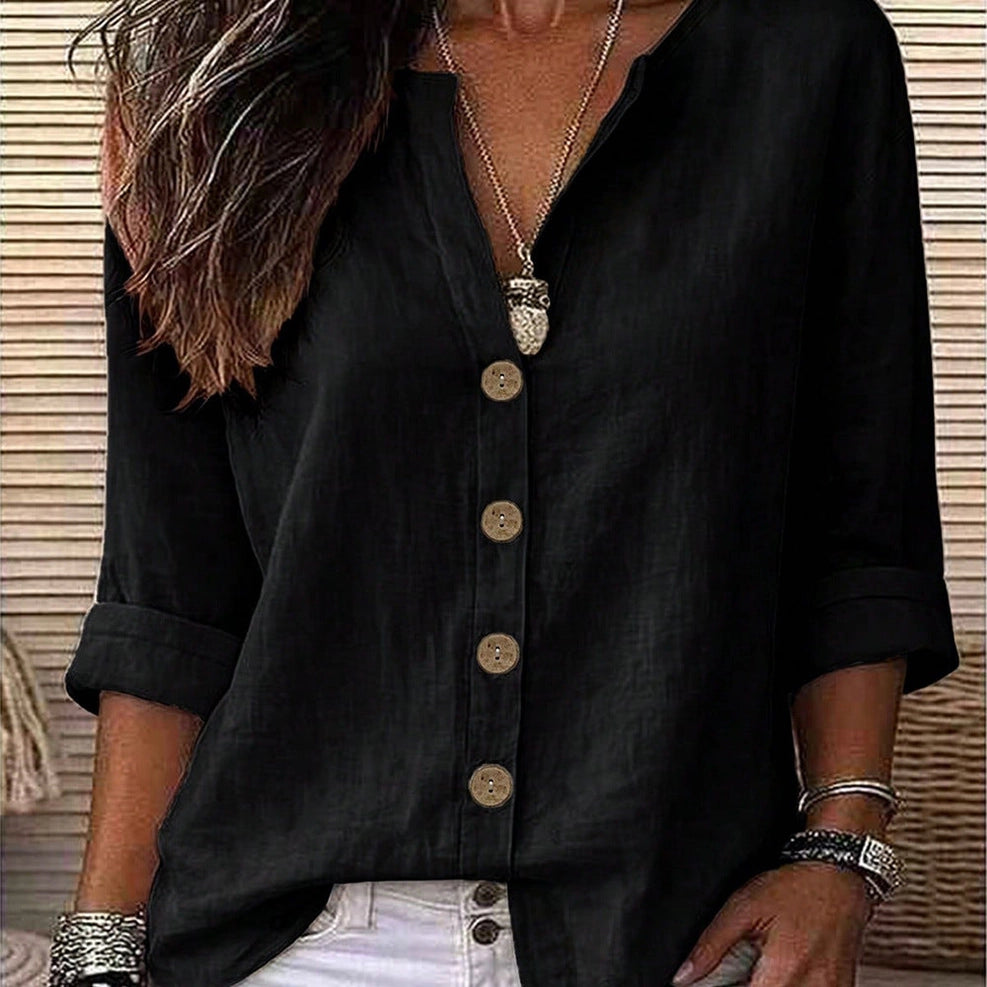 Suhkasana Women's V-Neck Button-Front Relaxed Fit Blouse