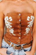 Camel Stretch Suede W Ivory Floral Embroidery Corset Top