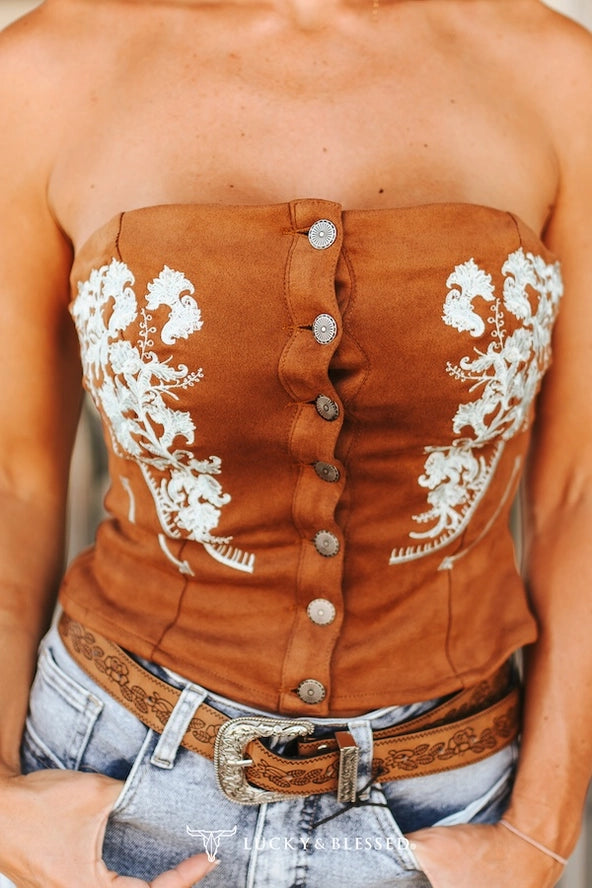 Camel Stretch Suede W Ivory Floral Embroidery Corset Top