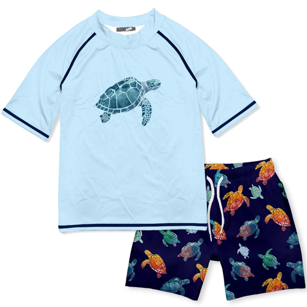 Boys Swim Navy Turtle Dive Short-Sleeve Rashguard Set