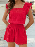 Textured Square Neck Ruffle Top and Shirred Shorts 2 Pcs Set