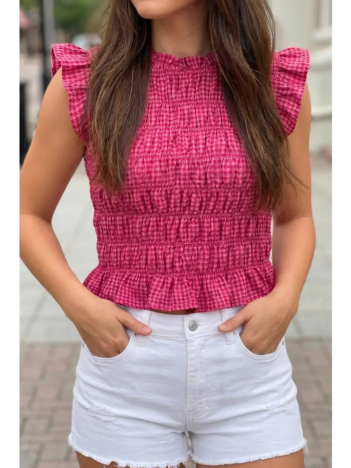 Plaid Shirred Ruffle Trim Tank Top