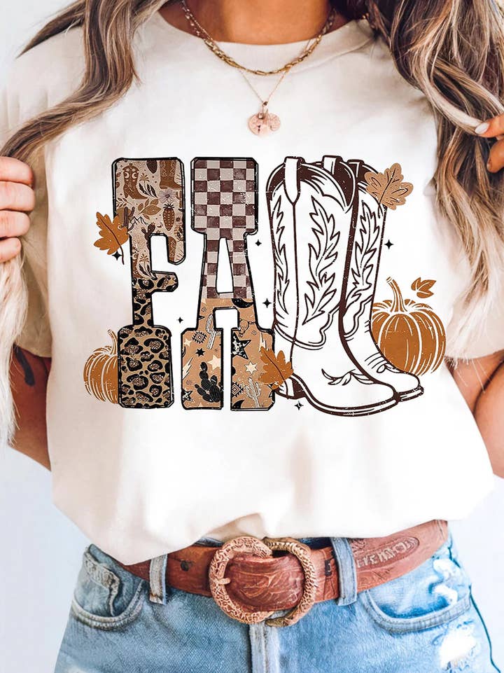 Women’s white FALL western Thanksgiving graphic tee