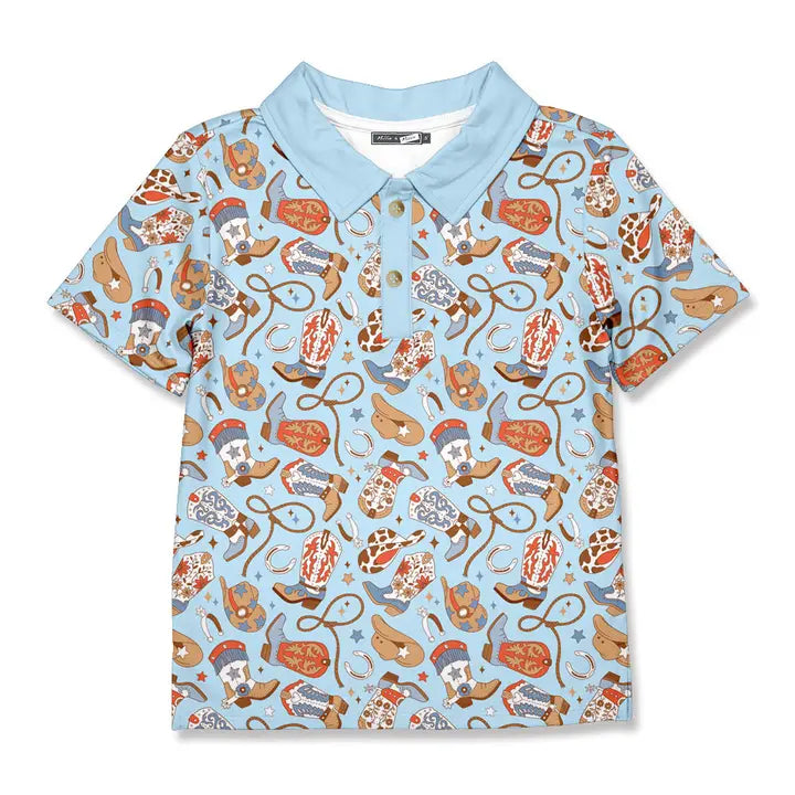 Boys Western Light Blue Howdy Boots Polo TShirt