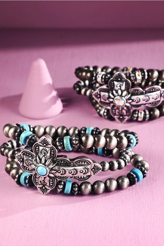 Turquoise Cross & Silver-Tone Beaded Stretch Bracelet