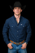 Ferrell men's Griffin navy pearl snap performance shirt front view
