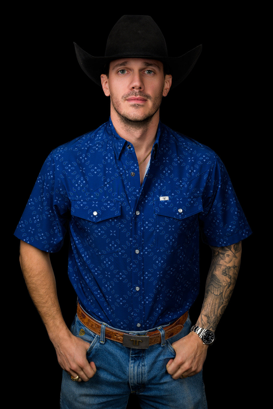 Ferrell men's Tanner blue short-sleeve pearl snap shirt front view