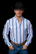 Ferrell men's Tristan blue pearl snap performance shirt front view