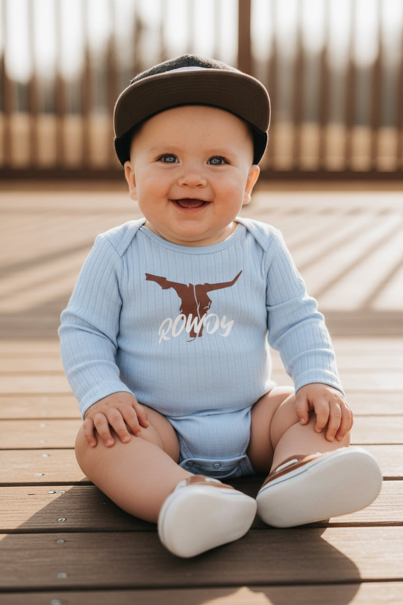 FL Grit Baby Rowdy Long-Sleeve Onesie in Light Blue