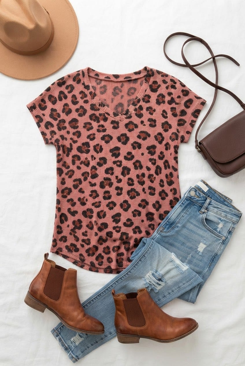 Mauve Leopard Print V Neck Ribbed Tee
