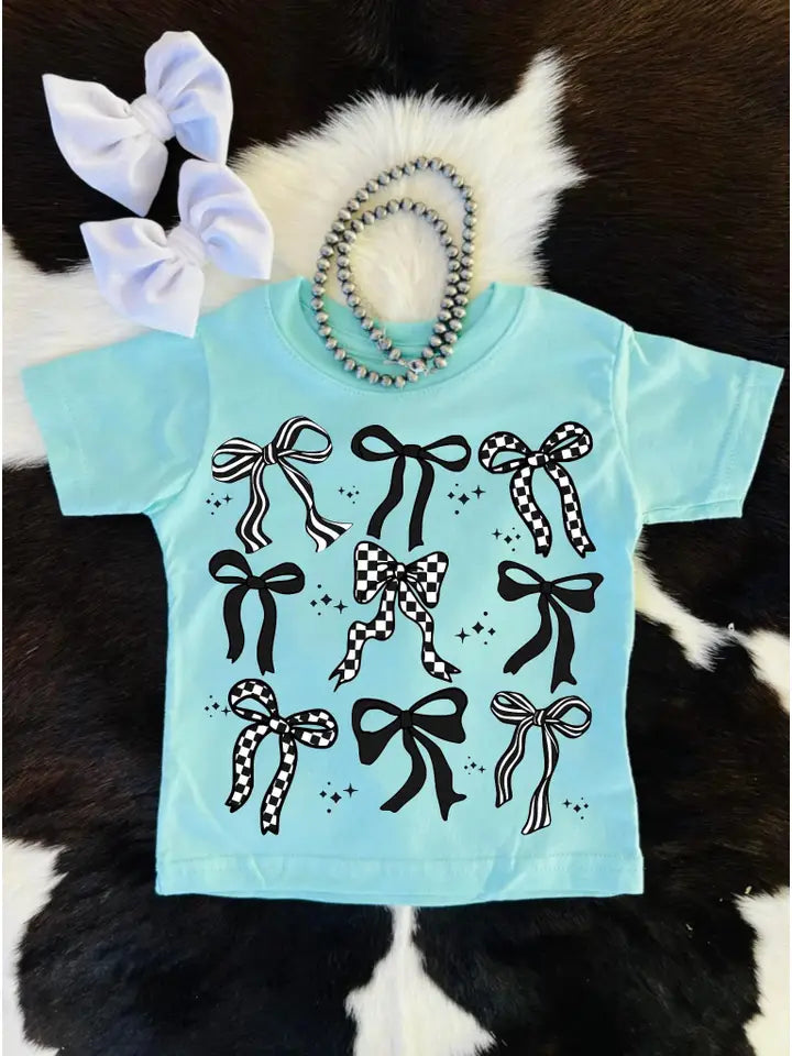 Girls' turquoise T-shirt with black and white checkered bow graphics