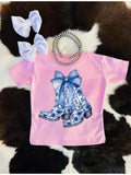Girls' light pink T-shirt with blue floral cowgirl boots and bow