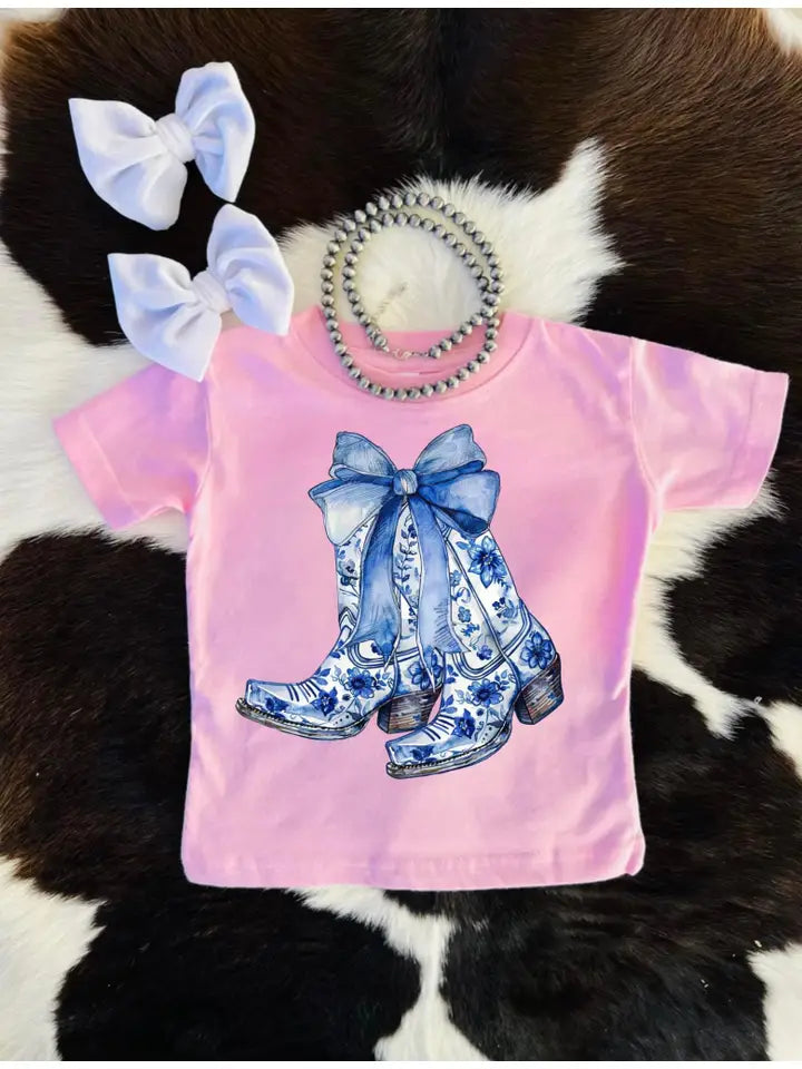 Girls' light pink T-shirt with blue floral cowgirl boots and bow