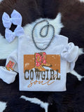 Girls' heather natural Cowgirl Soul boots sweatshirt with sleeve print