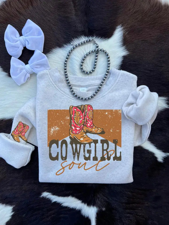 Girls' heather natural Cowgirl Soul boots sweatshirt with sleeve print