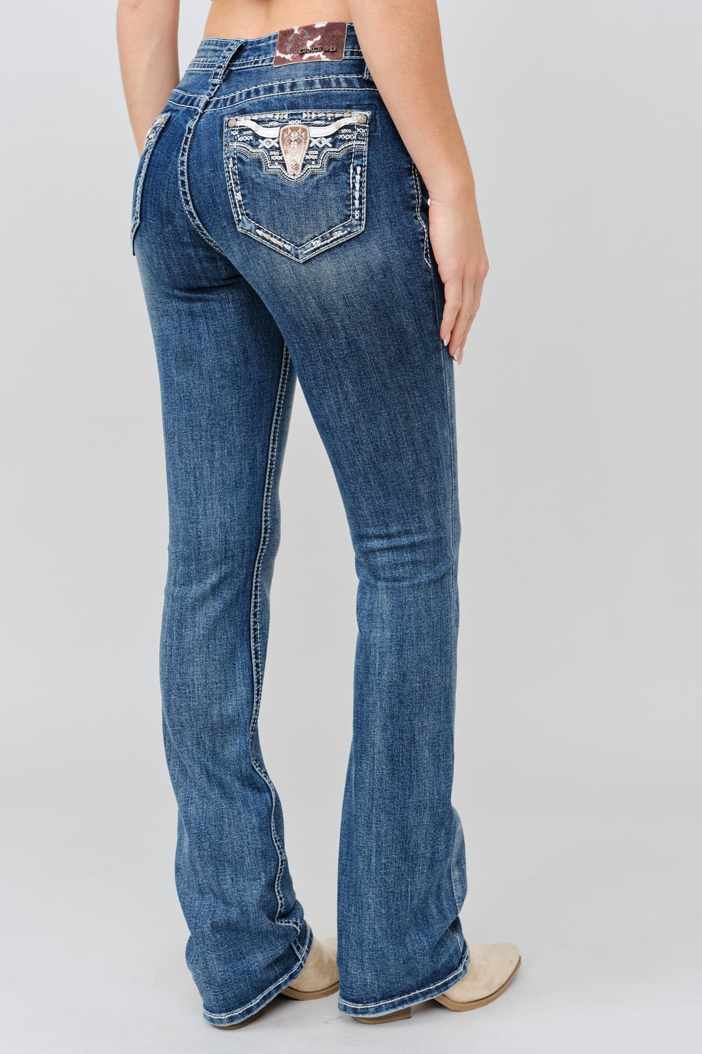 Grace in LA EB-S901 steer head bootcut jeans, back view