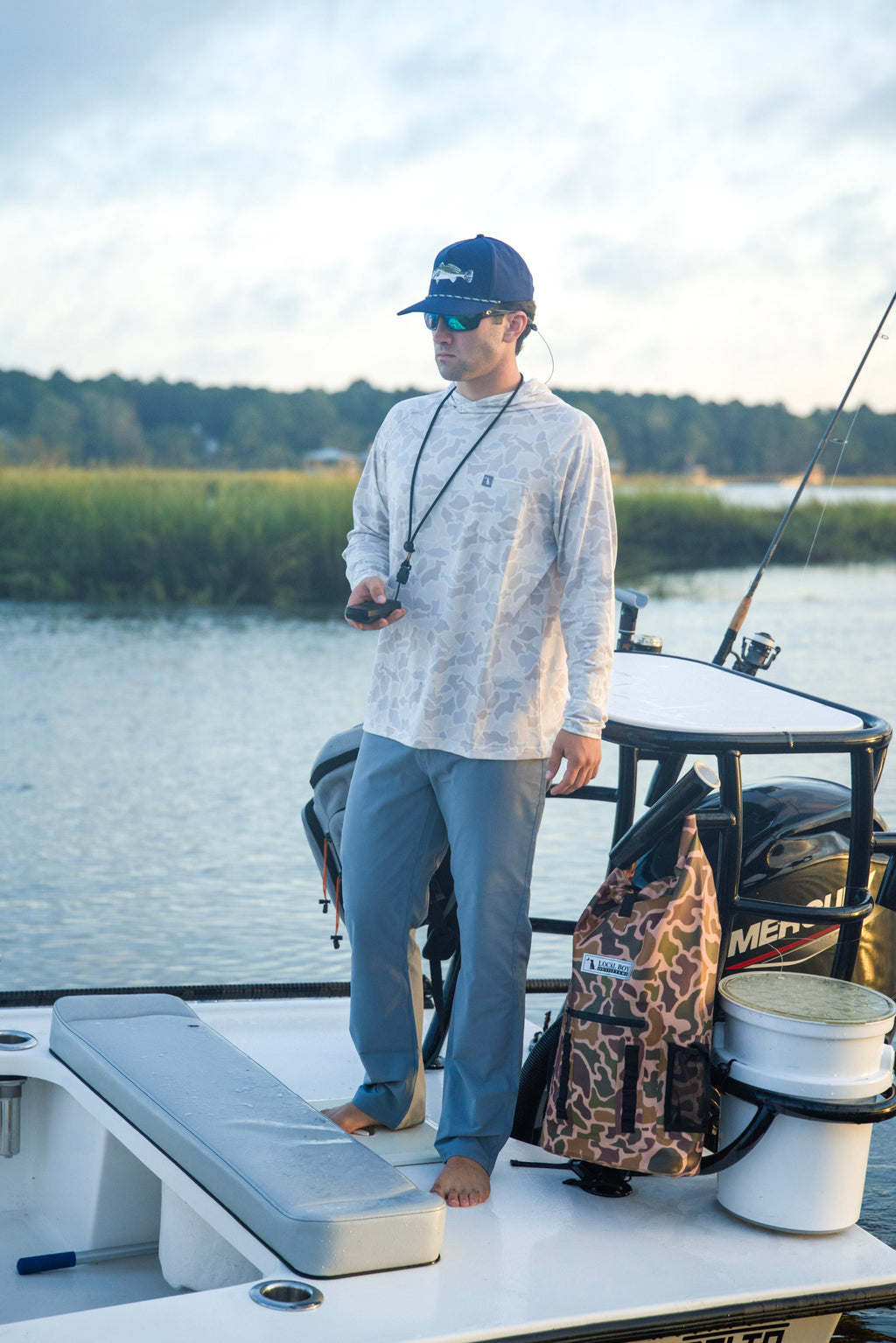 Local Boy Heather Blend Hoodie in Saltwater Camo, lifestyle view