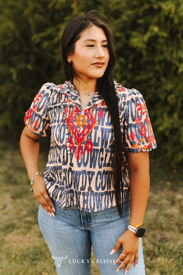 Howdy Cowgirl Puff Shoulder Aztec Printed Front Tie Top
