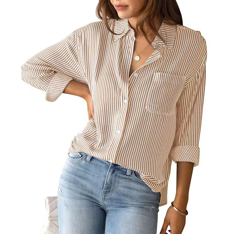 Khaki Striped Top Loose Long-Sleeves Shirt