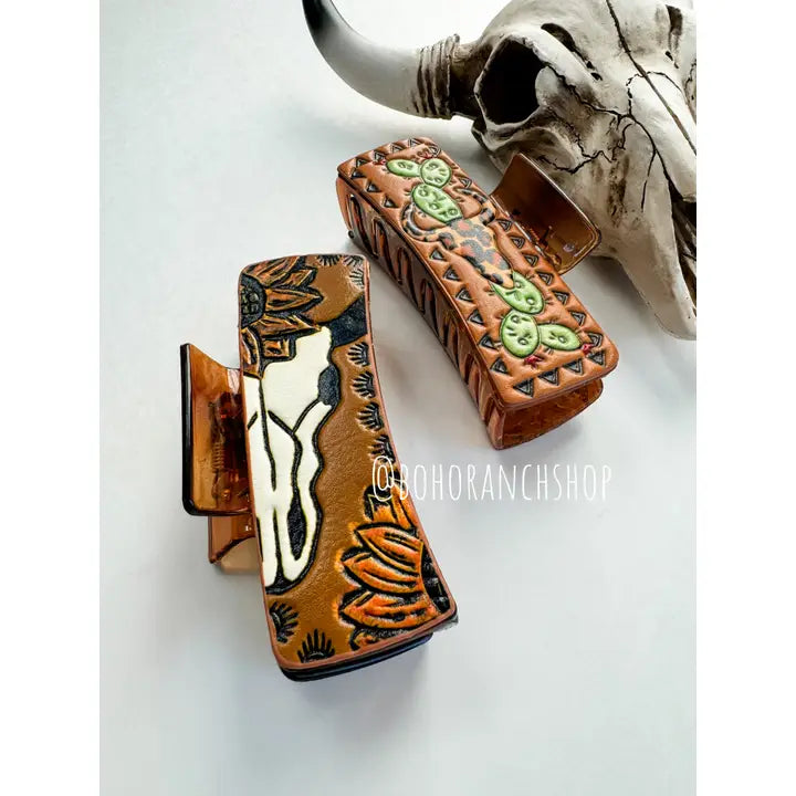 Large Western Faux Embossed Leather Hair Clip Claw