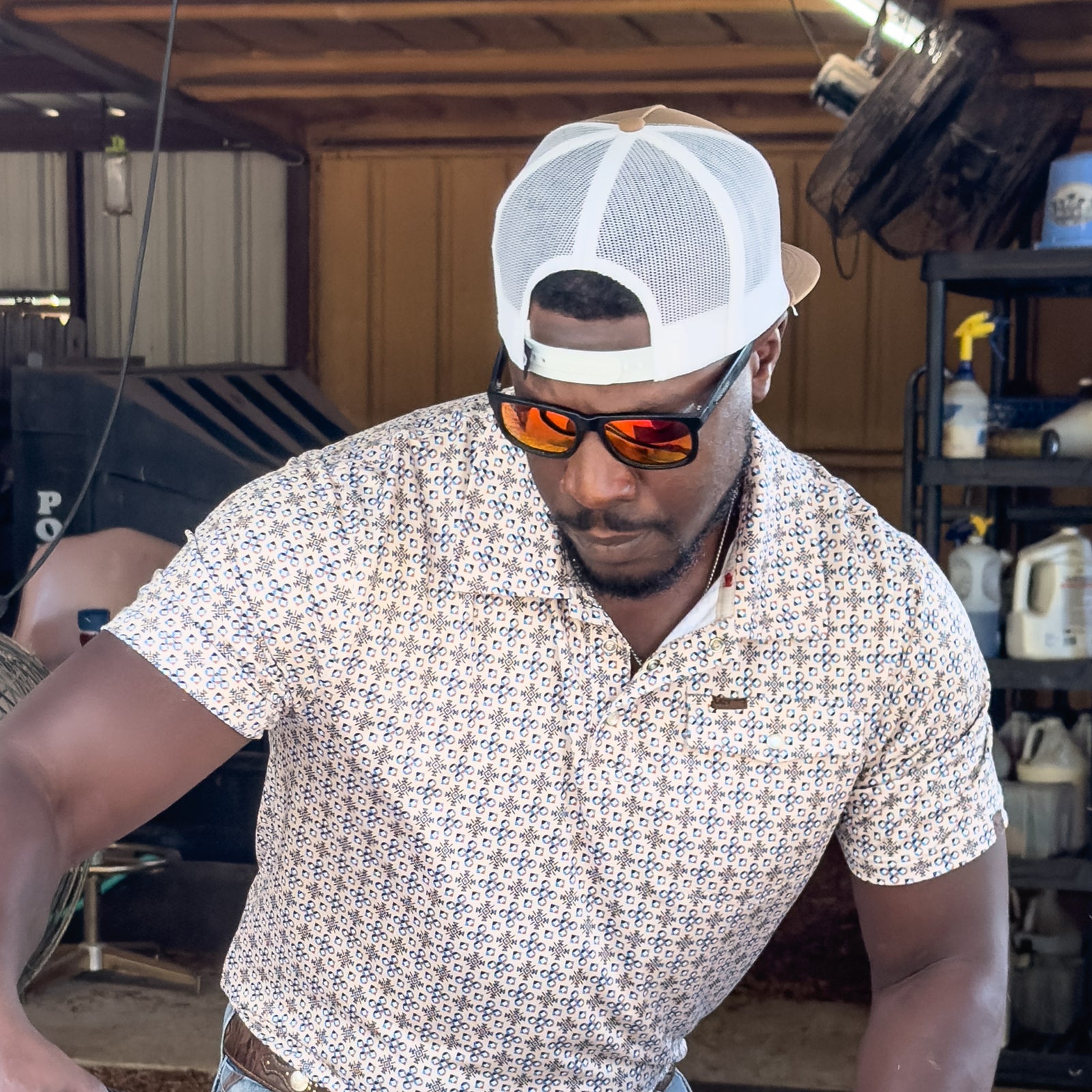 Lazy J Men's Tan and Brown Geometric Pearl Snap Polo - view 2