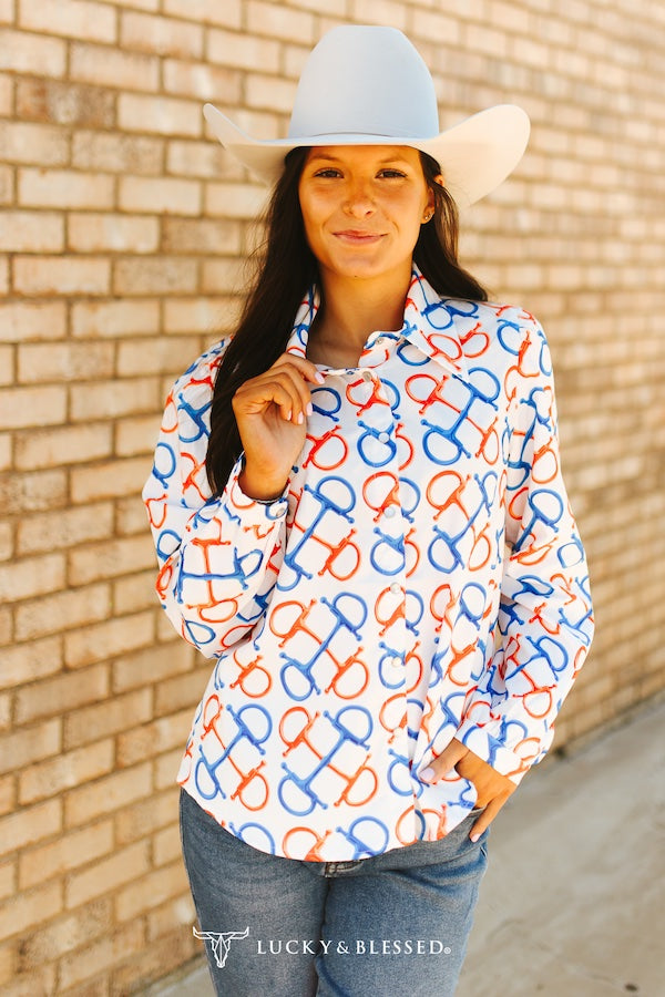 Lucky & Blessed Horse Snaffle Bit Pearl Snap Shirt