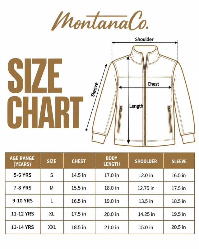 MontanaCo boys softshell jacket size chart
