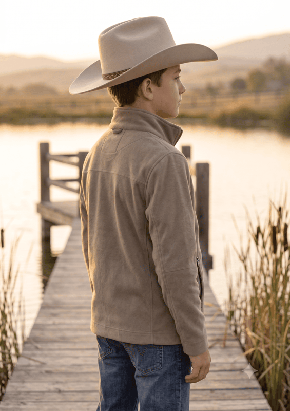 MontanaCo boys softshell jacket in taupe lifestyle view