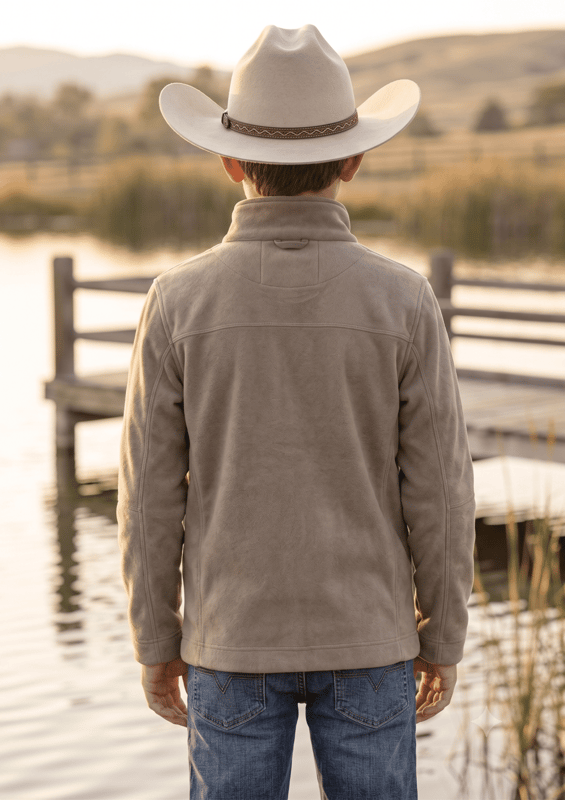MontanaCo boys softshell jacket in taupe side view