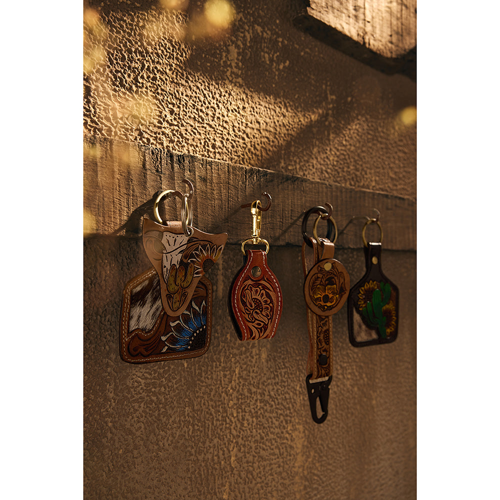 Myra Buttercup Hand-tooled Leather Key Fob, supplier view 3