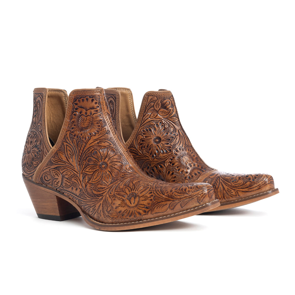 Myra Dakota Charm Hand-tooled Booties in Caramel, supplier view 3