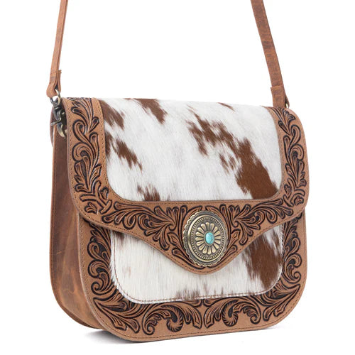 Myra Yellowstone Frontier Ridge Hand-Tooled Bag in Oat Mocha